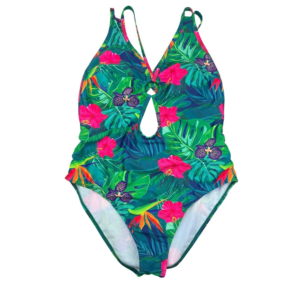 Tropical Floral Keyhole One Piece Swimsuit‎ XL Green Pink Strappy Back Cutout